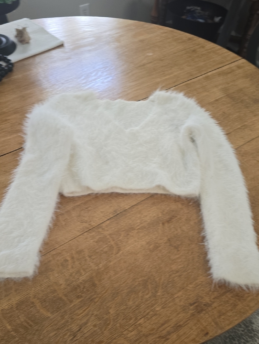 SHEIN White Fuzzy V-Neck Cropped Sweater